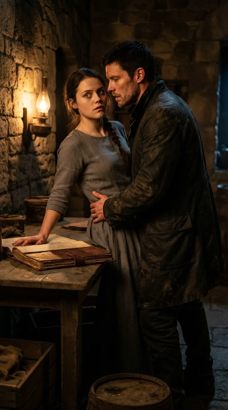 Avery is pressed back against the ledger table, Caelan close, her hand on the open ledger.