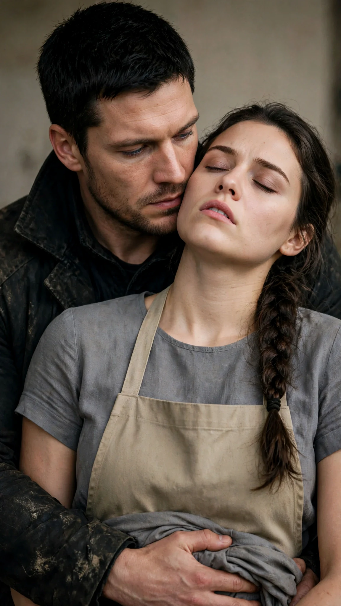 Close on their faces, her head tipped back, his hand hidden under her skirt at her waist.