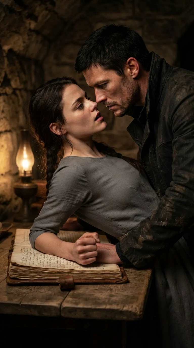 Her fist grips the edge of the ledger as his hand works between her thighs.