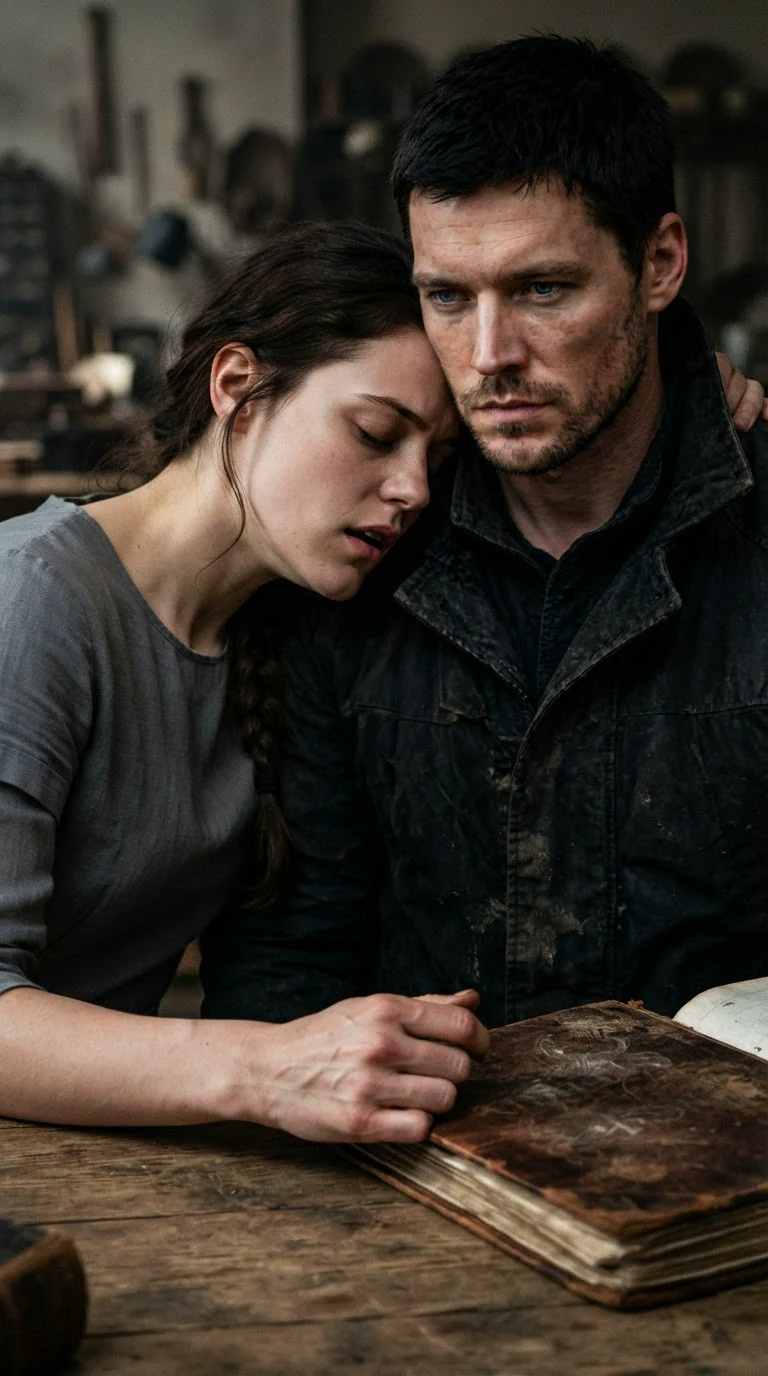 Her face against his shoulder as she comes, her hand still on the ledger.