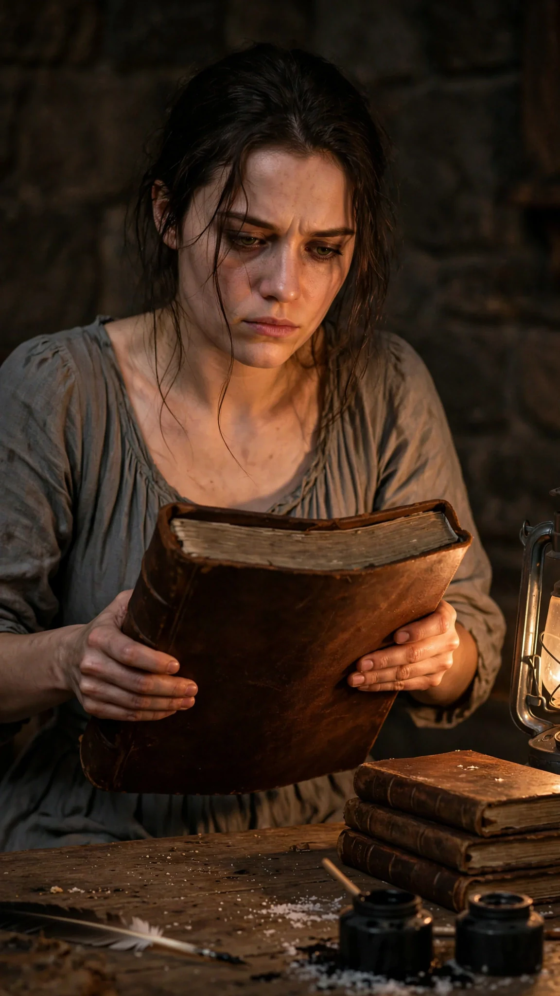 Avery sits alone and pulls the binding ledger across the table.