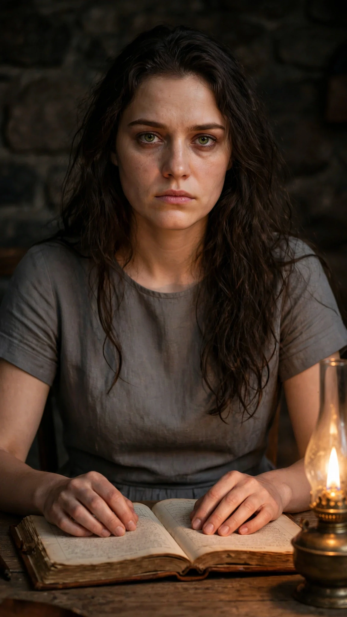 Avery looks up from the ledger, eyes hard and dry, resolve settling on her face.