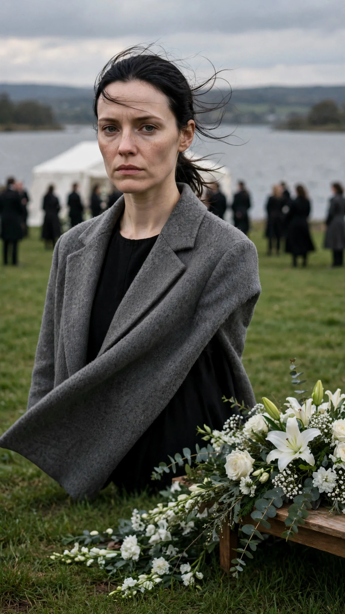 A pale woman in a black dress stands alone by white flowers on a lawn above a lake while mourners gather behind her.