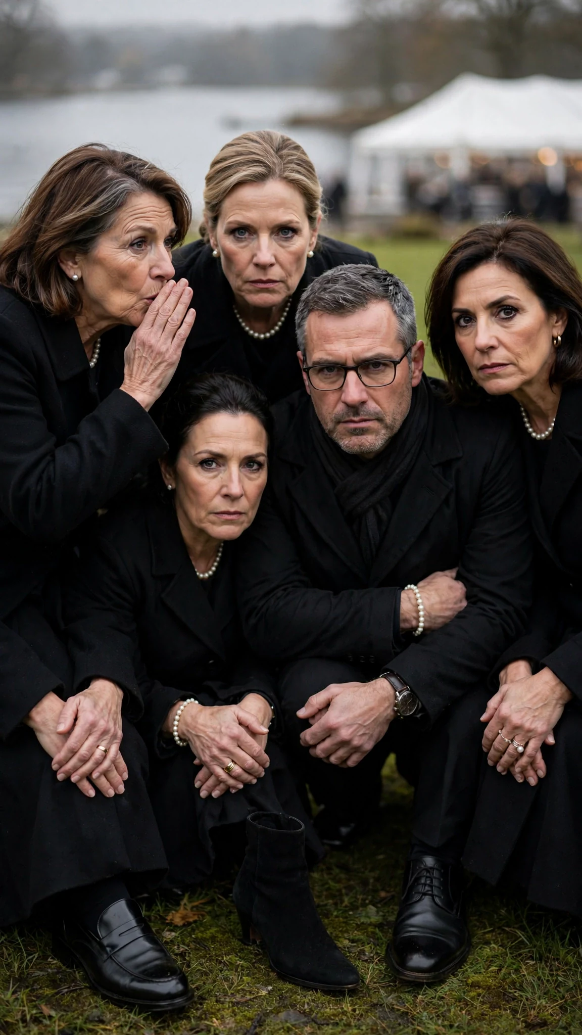 Mourners in dark coats turn their heads toward the narrator, whispering among themselves.