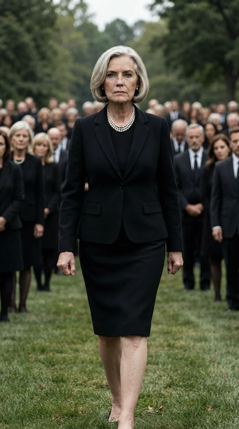 An elegant silver-haired woman in a black mourning suit and pearls crosses the lawn toward the narrator.
