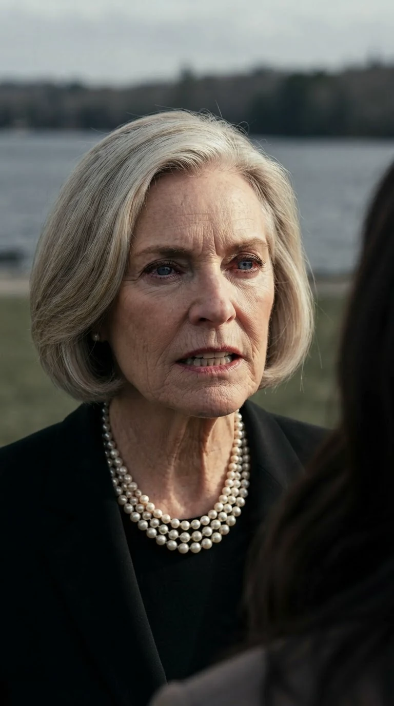 Close on the older woman's furious face as she speaks to the narrator.
