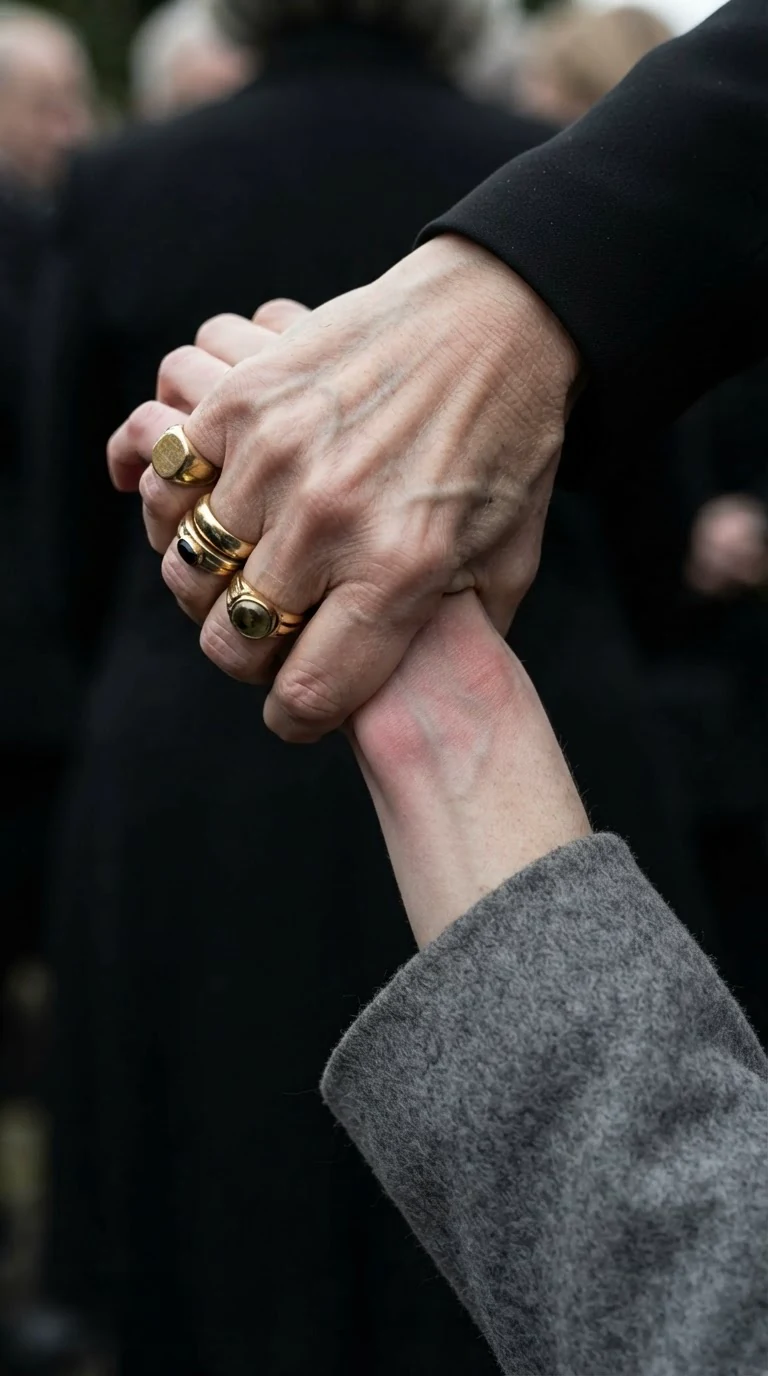 The older woman's ringed hand grips the narrator's wrist hard enough to mark it.