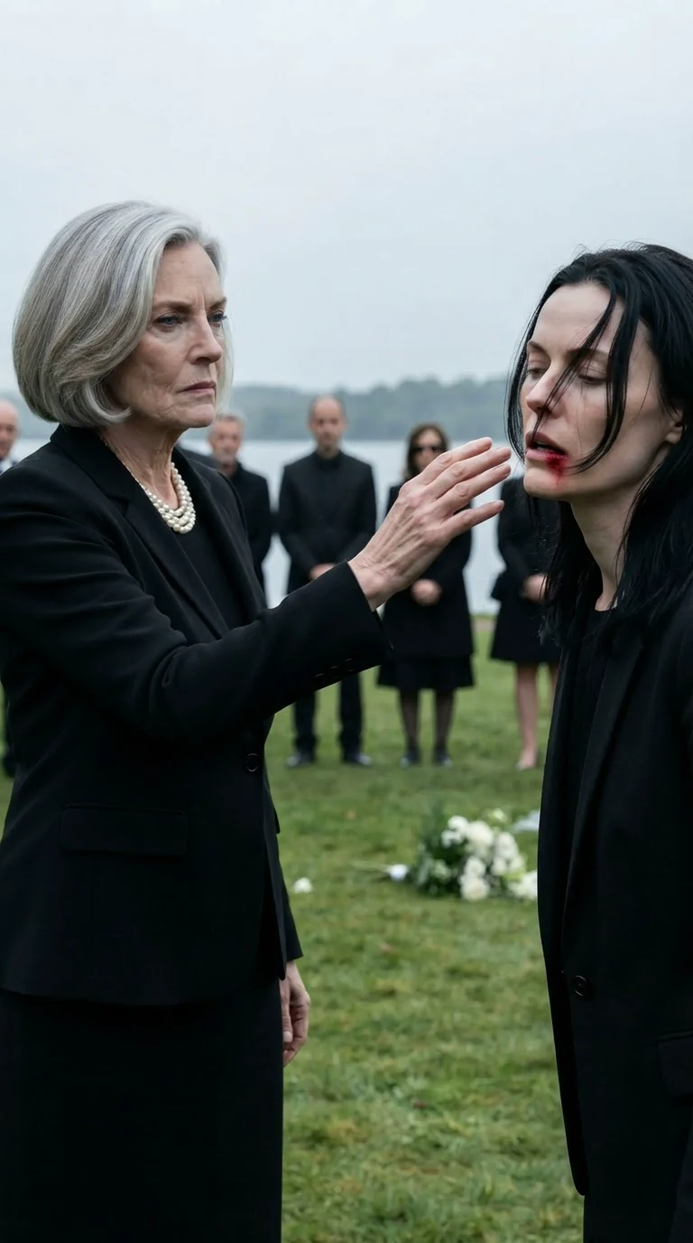 The older woman's open hand strikes the narrator's face, her head turning with the blow.
