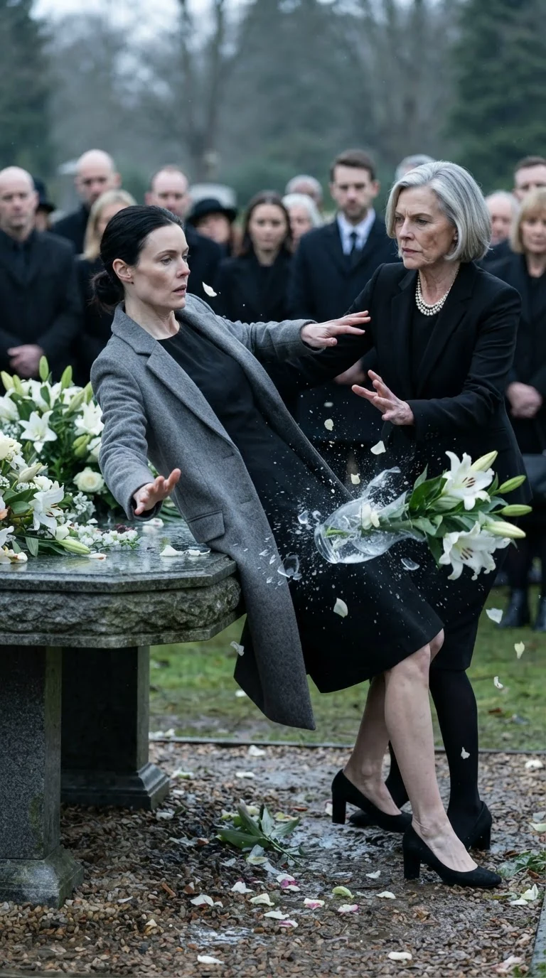 A flower table overturns as the narrator is shoved into it, glass and white petals scattering.