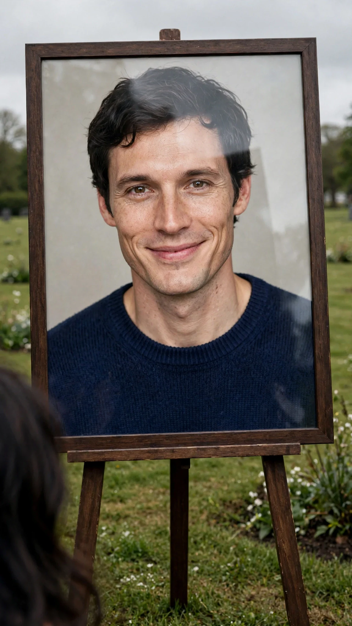 A framed photograph of a smiling man in a navy sweater stands on an easel behind the crowd.
