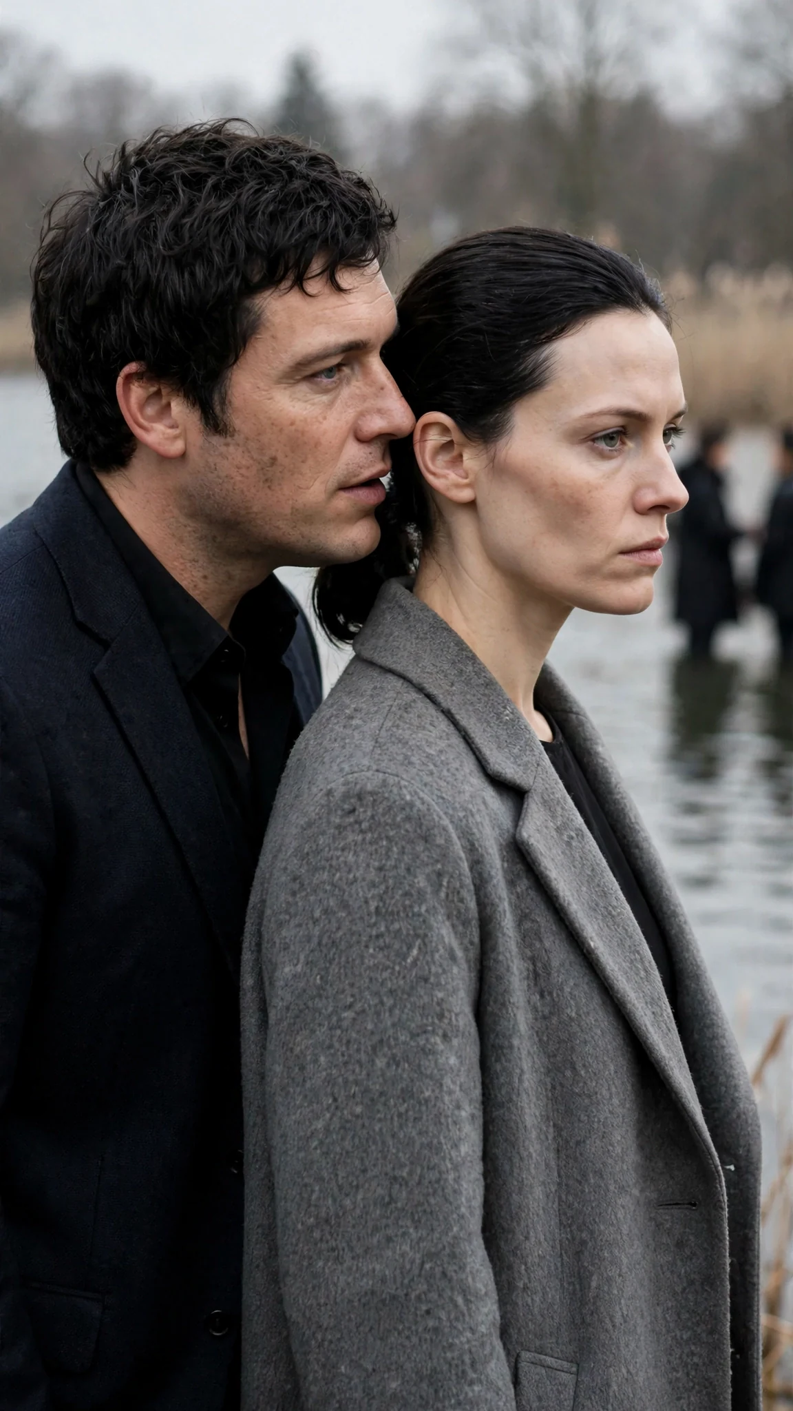 A broad-shouldered man in a dark jacket leans close to the narrator's ear, speaking quietly.