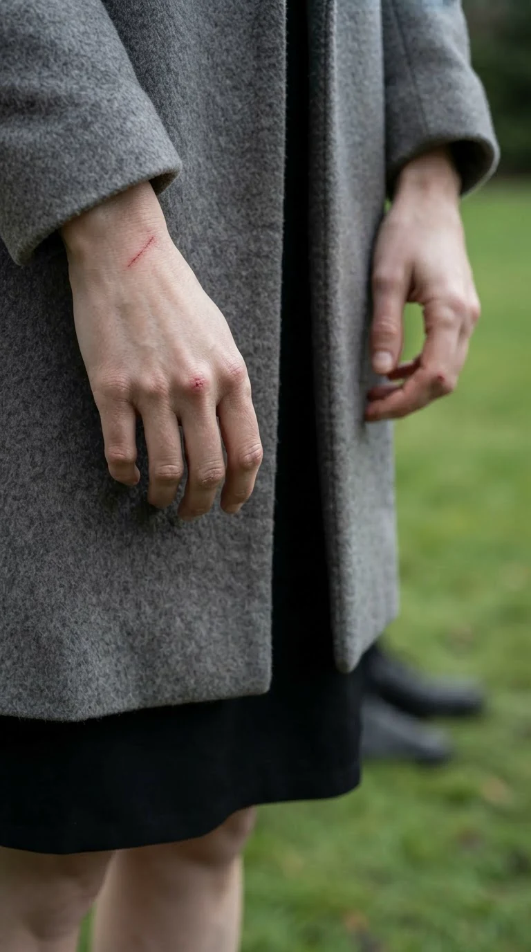 The narrator's hands hang cold and shaking at her side against her gray coat.