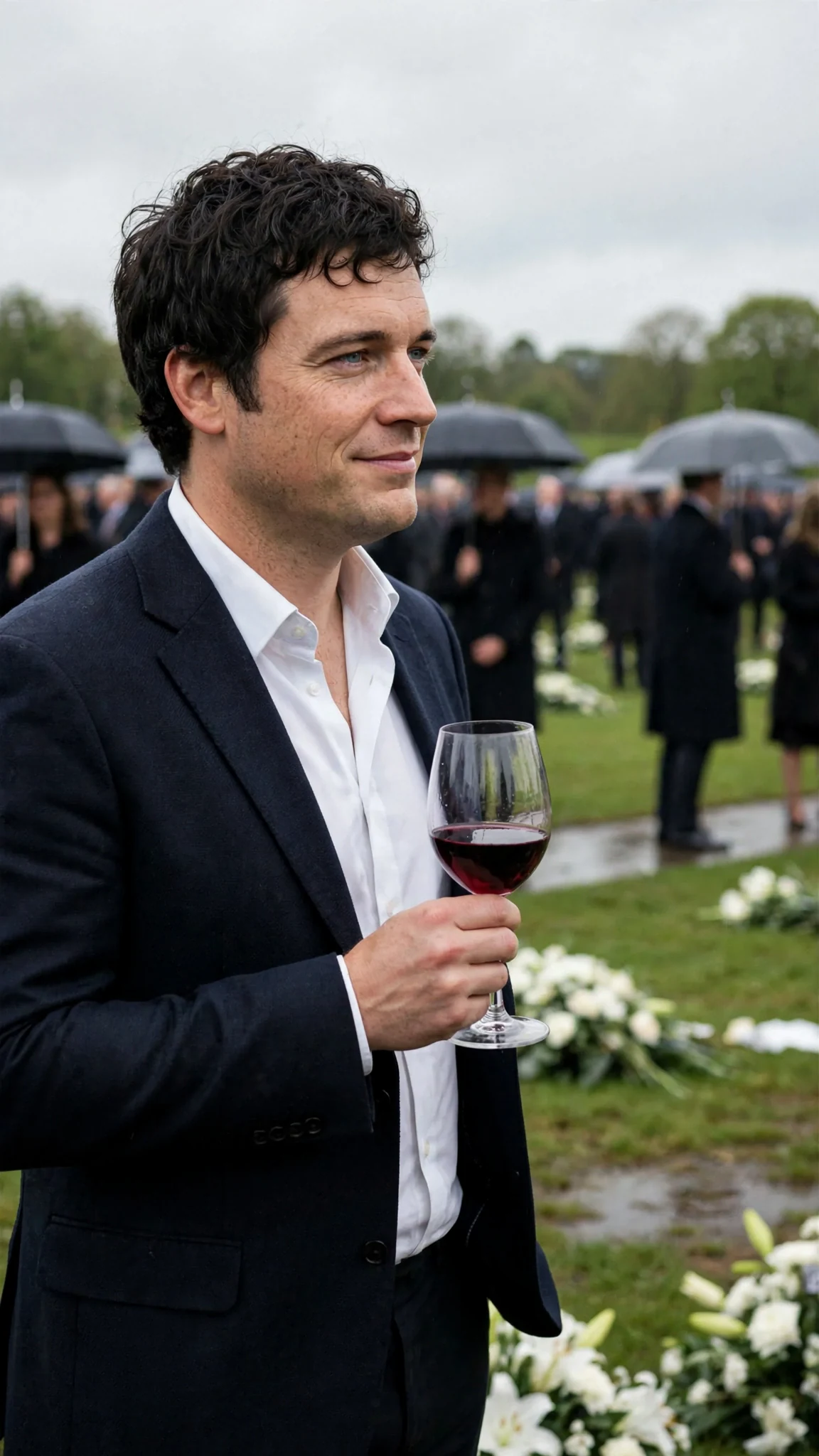 The broad-shouldered man steps back with a small private smile over his wine glass.