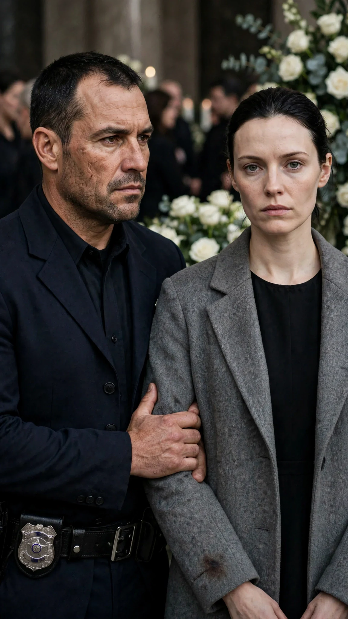 A detective in a plain blazer takes a pale woman's elbow in a crowded memorial hall.