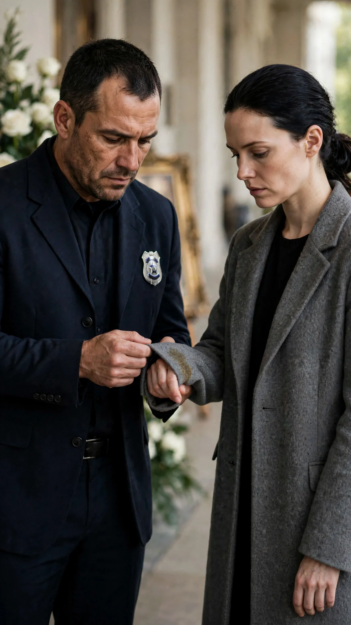 The detective turns back the cuff of the woman's gray coat under the memorial lights.