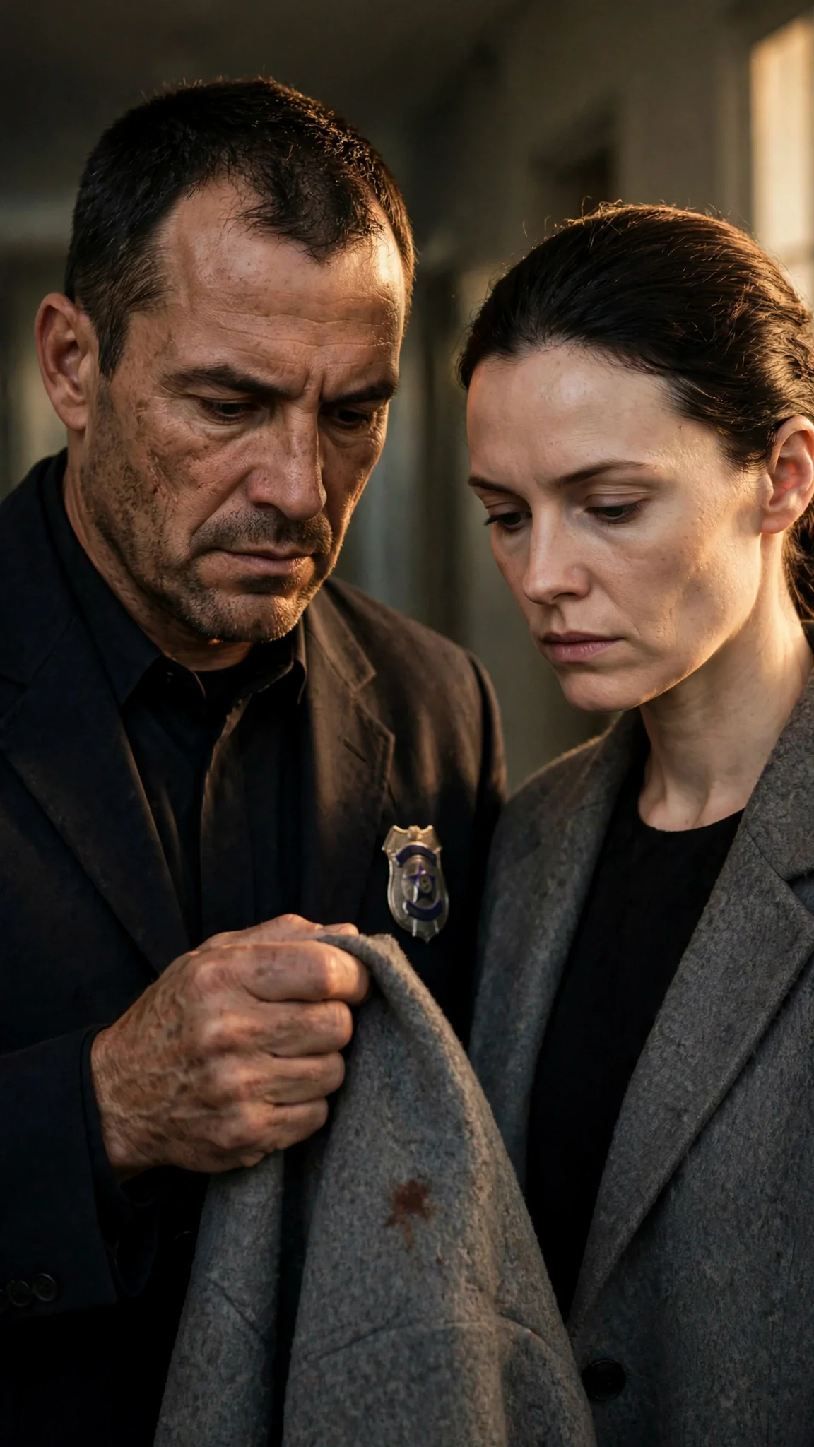 The detective holds the stained cuff and speaks, the woman watching him without expression.