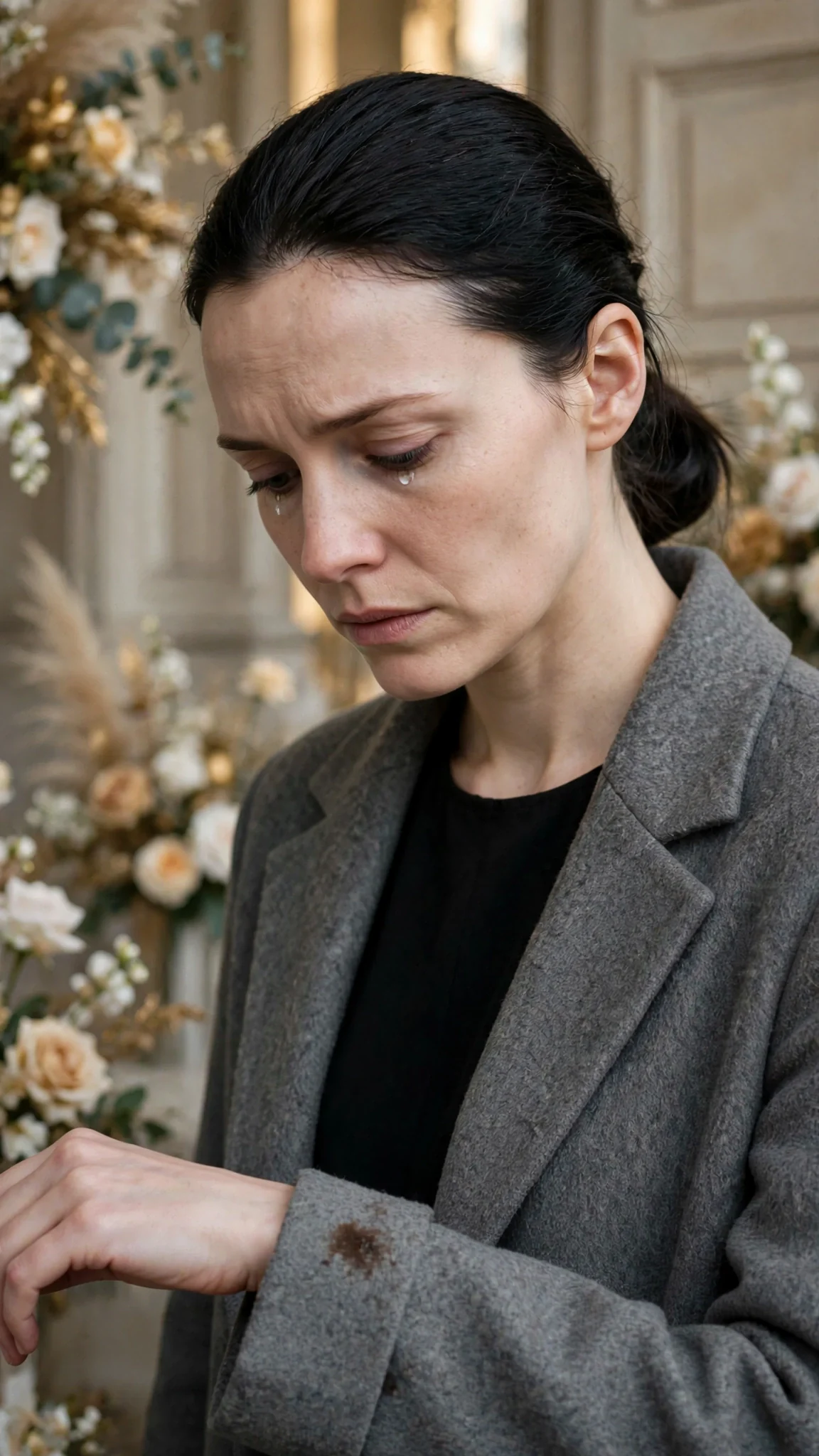 The pale woman stares down at the small dark stain on her own sleeve.