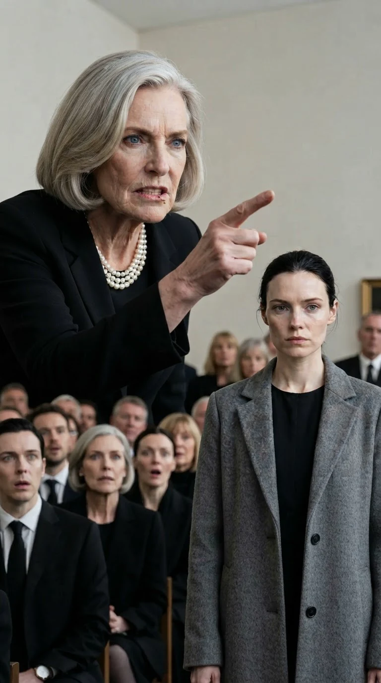 An elegant older woman in black and pearls steps out of the crowd, pointing, face twisted with rage.