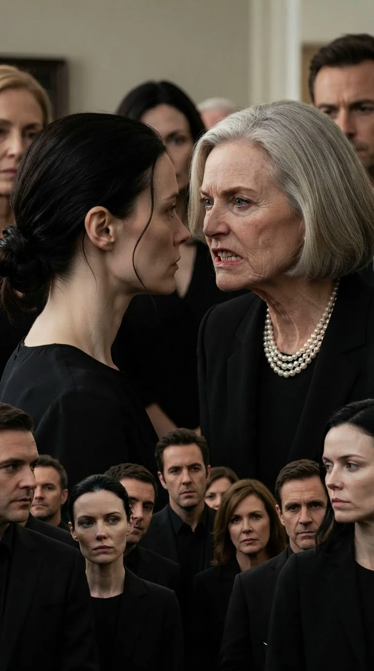 The older woman leans in close, snarling, while the younger woman stands unmoving.