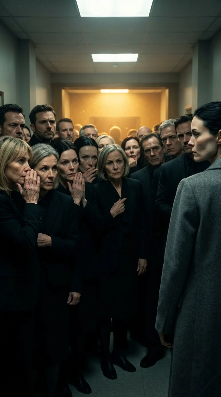 A wall of black-clad guests stare at the pale woman with open disgust.