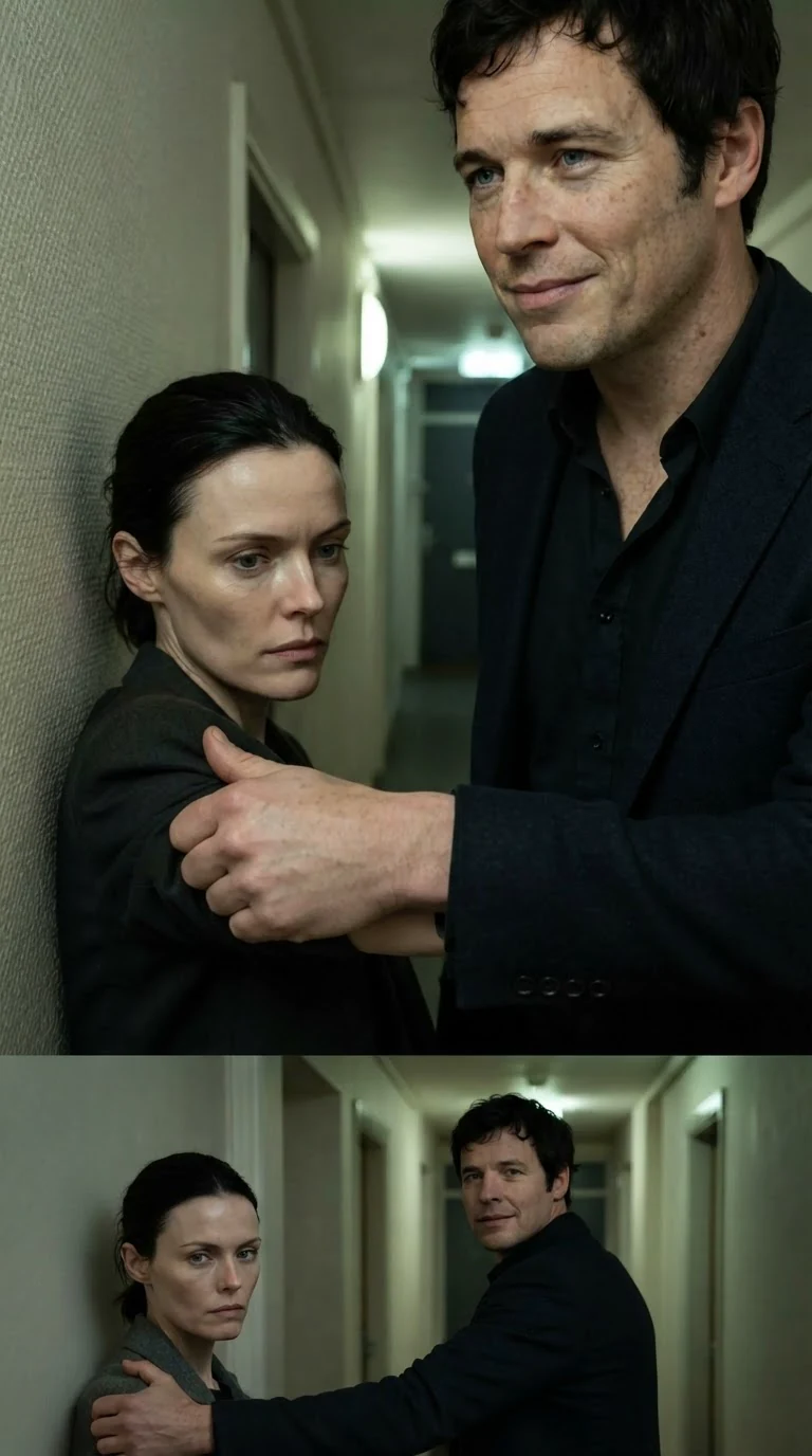 A broad-shouldered man in a dark jacket grips the woman's arm hard in the hallway.