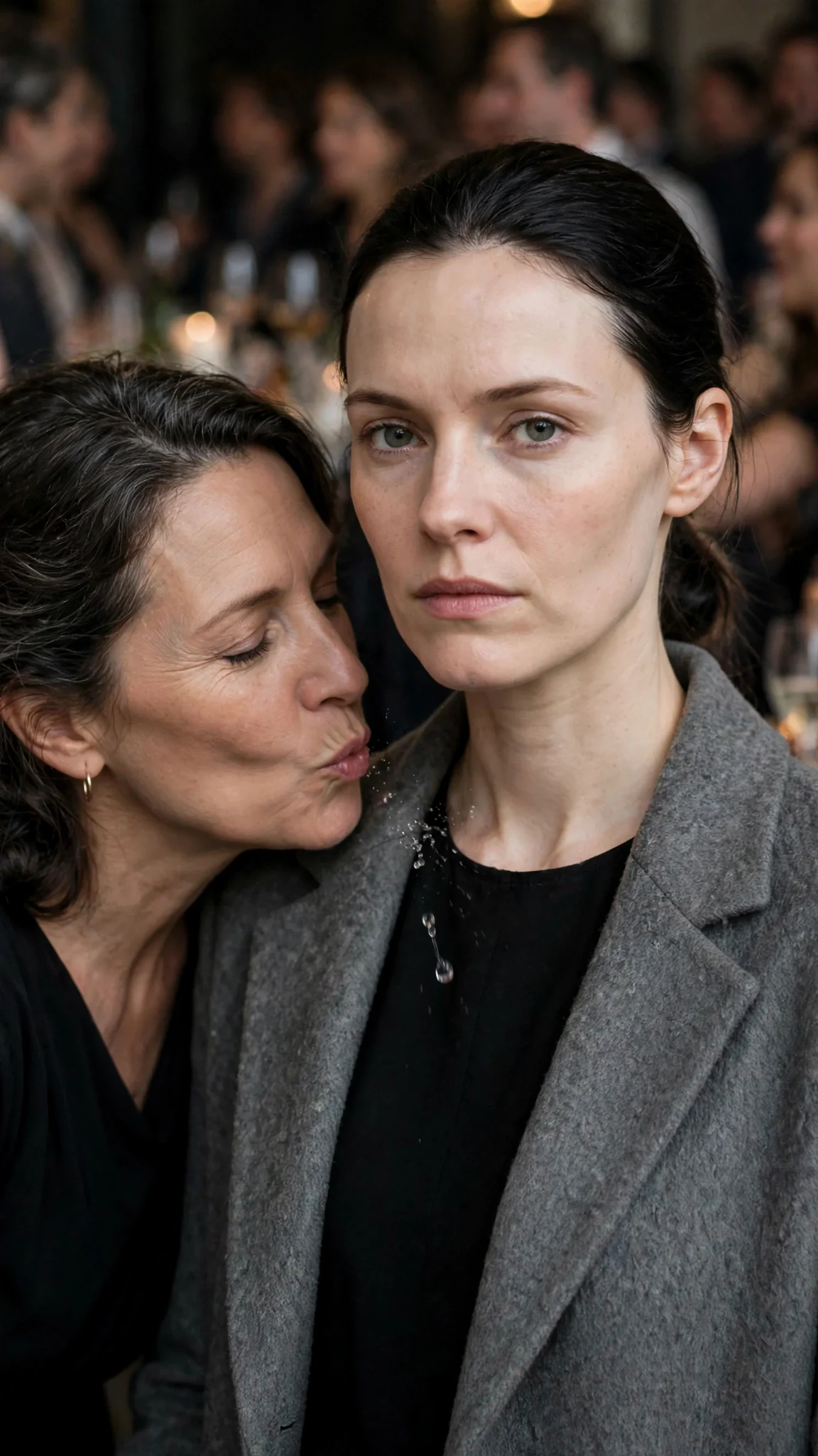 A woman in the crowd leans in and spits, the wet fleck landing on the gray collar.