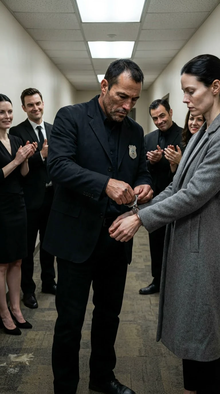 Handcuffs click onto the woman's wrists in front of the memorial crowd.