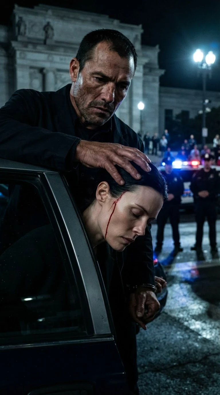 The detective guides the cuffed woman's head toward a police car door, her cheek striking the frame.