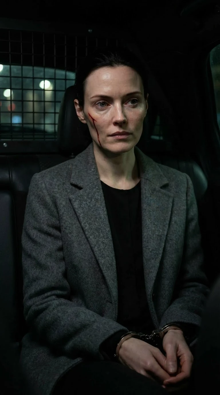 The woman sits in the back of the police car, blood on her cheek, looking out the window.