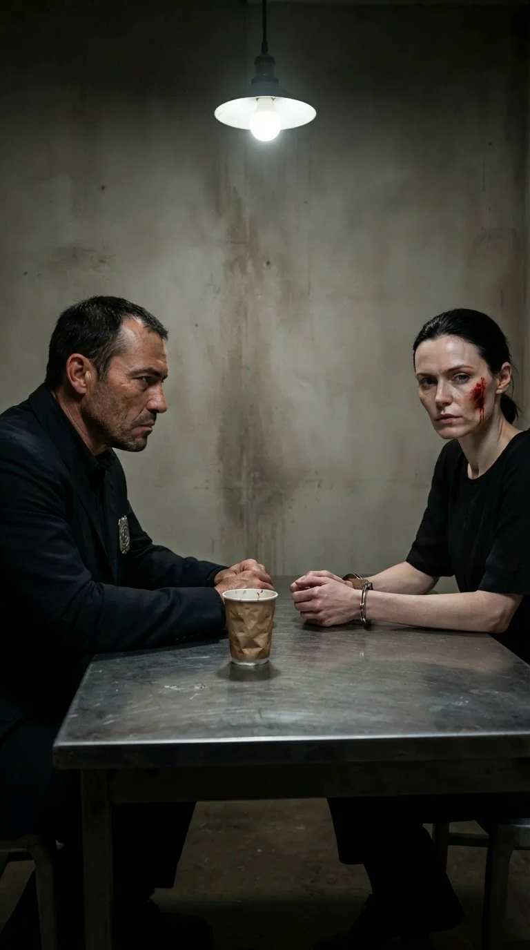 An interrogation room with a metal table, the detective across from the cuffed woman.
