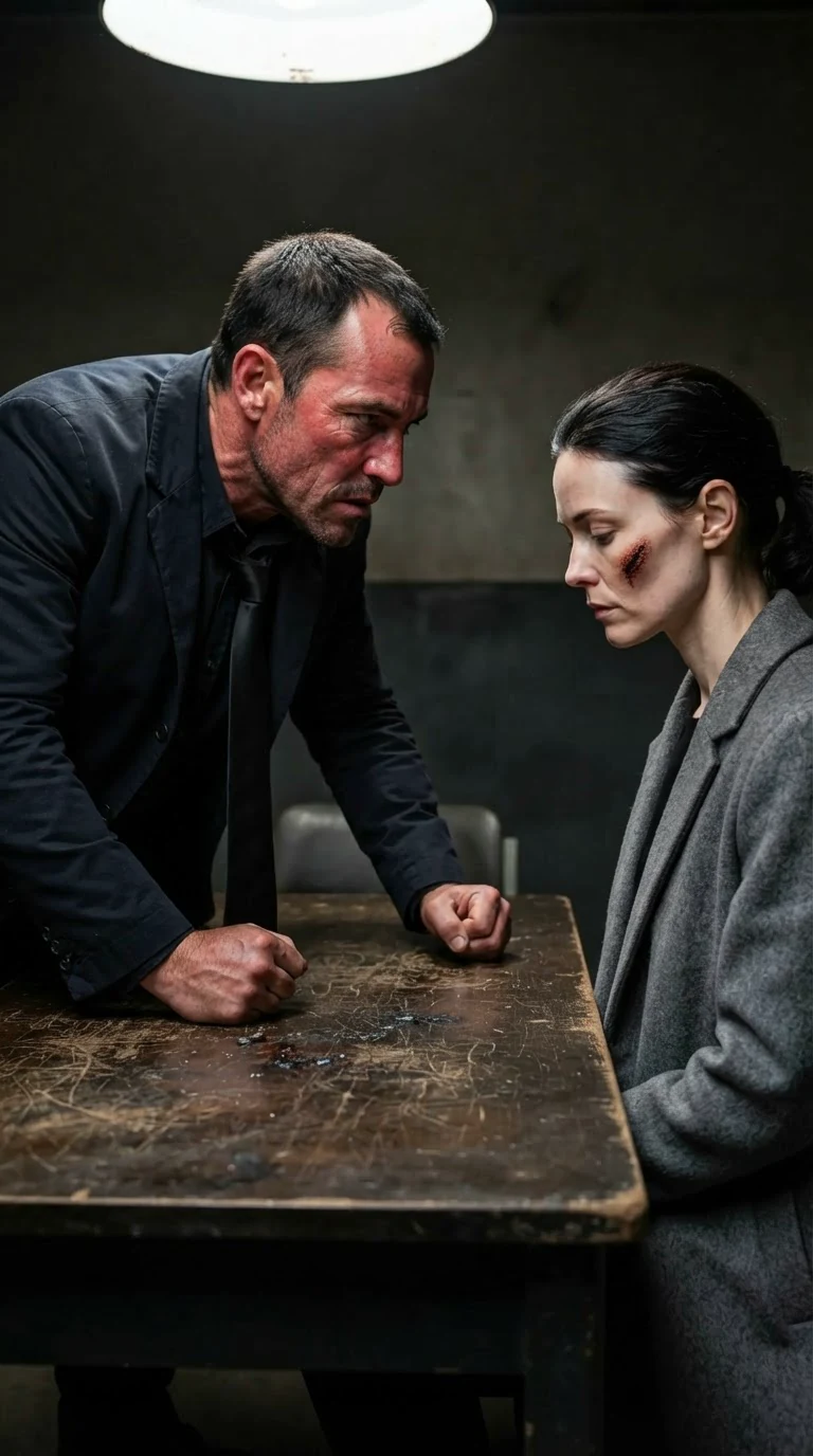 The detective leans forward across the table, angry, the woman watching the tabletop.