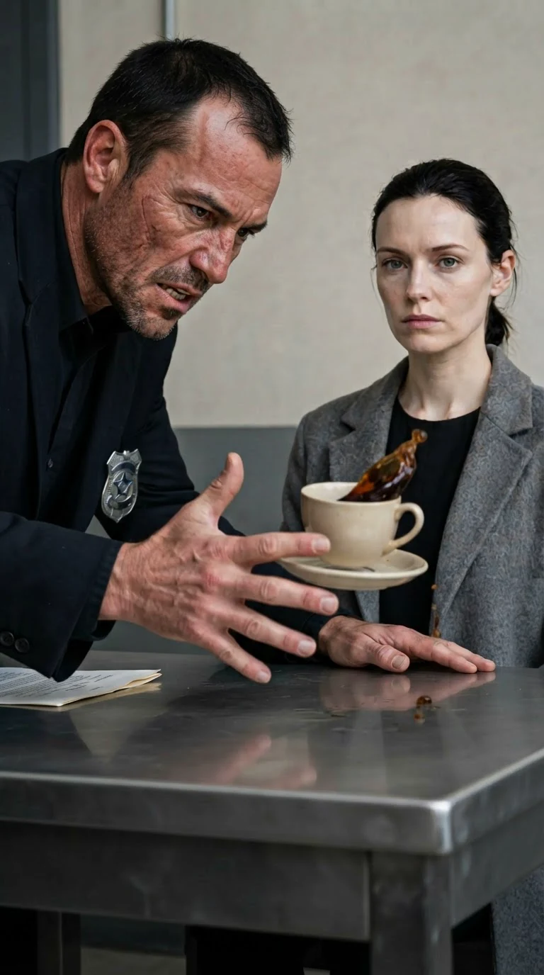 The detective slams his flat hand on the table, coffee jumping in the cup.
