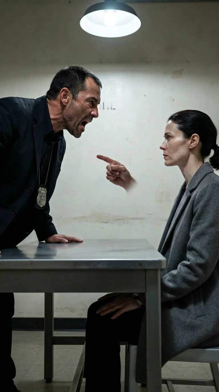The detective points at the woman, furious, while she sits motionless.