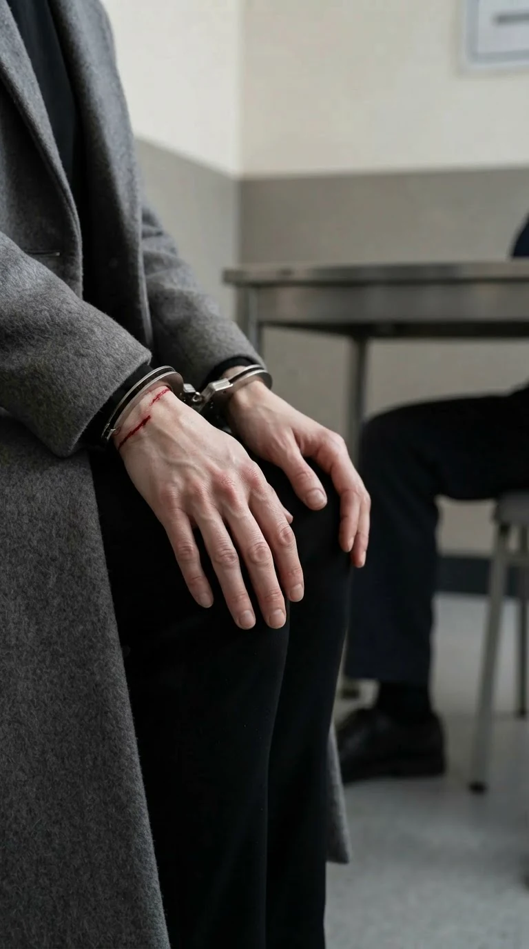 The woman's steady hands flat on her knees, the interview room blurred behind.