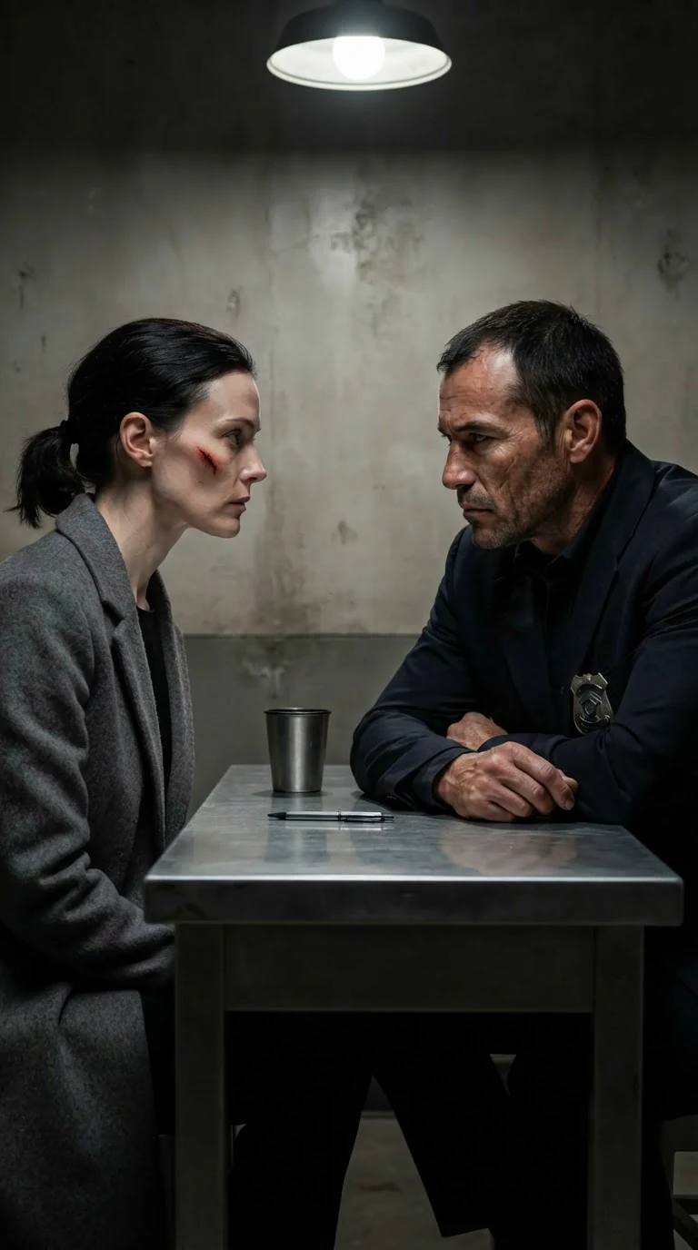 The detective sits back down and studies her face closely.