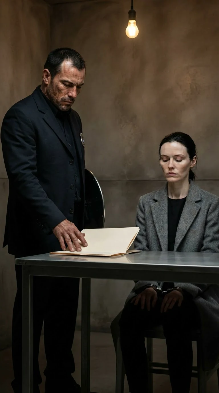 The detective stands and speaks the arrest formally, the woman's head slightly bowed.