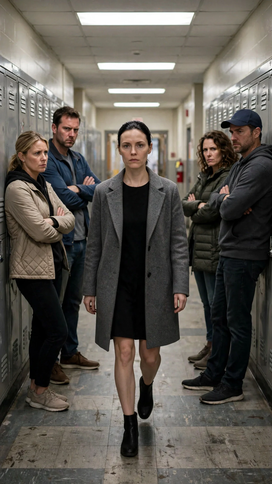 A pale woman in a gray coat walks into a school hallway as parents turn to stare.