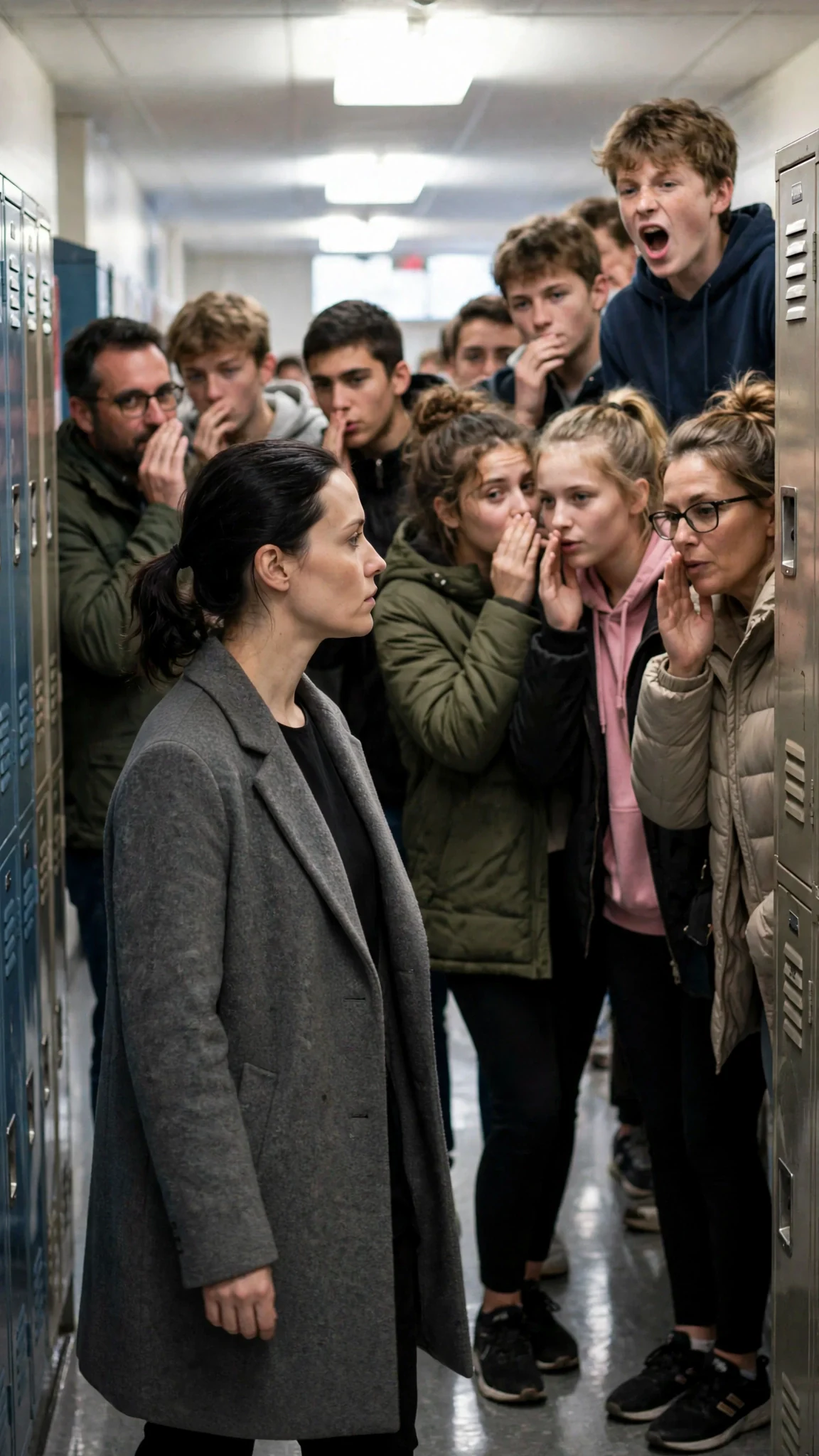 Students whisper along the lockers as the mother walks past.