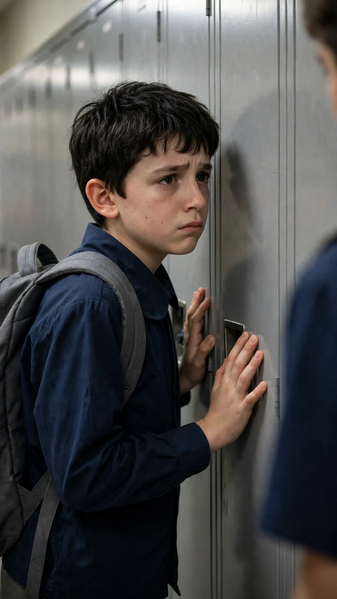 A small blond boy is slammed into his locker by a bigger student.
