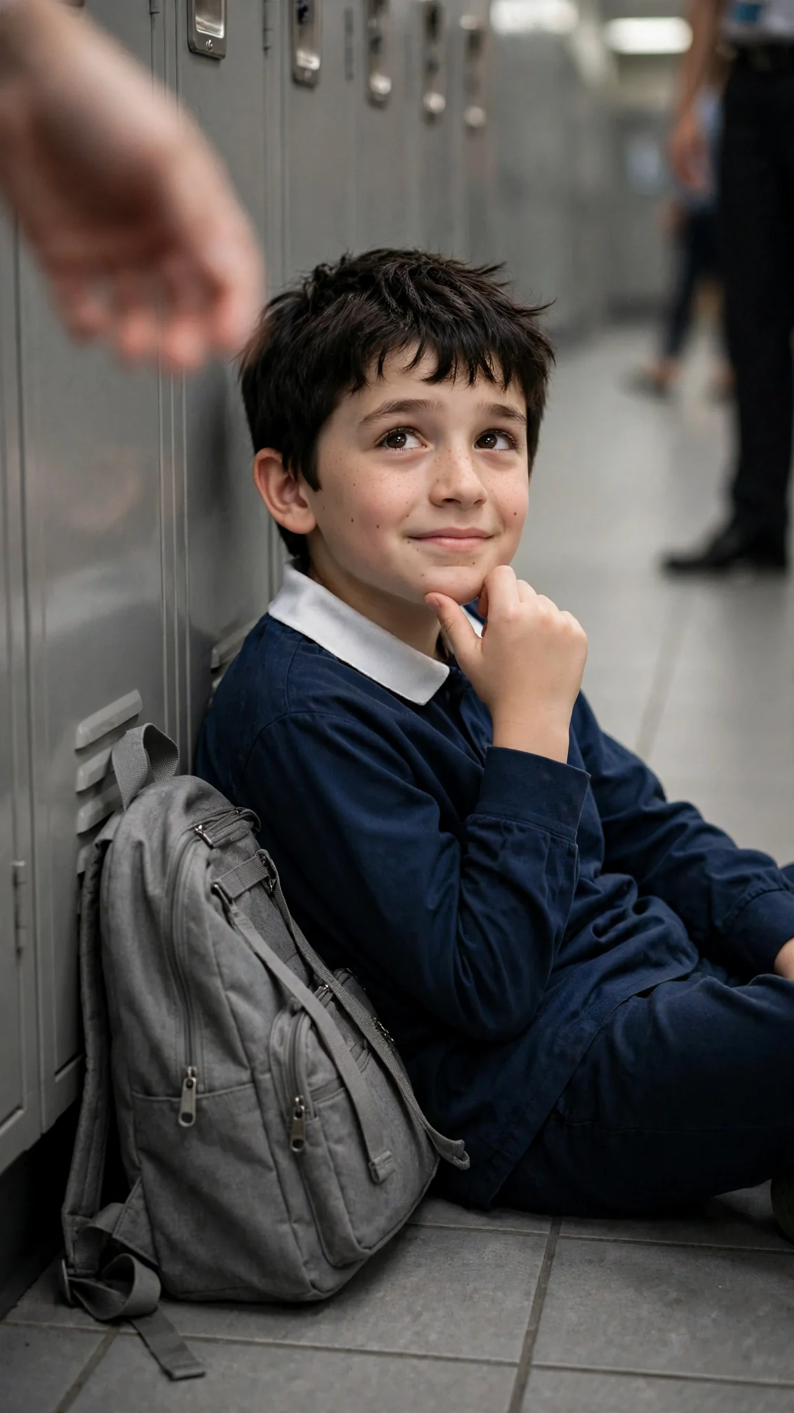 The boy lies on the floor with blood pouring from his nose onto his collar.