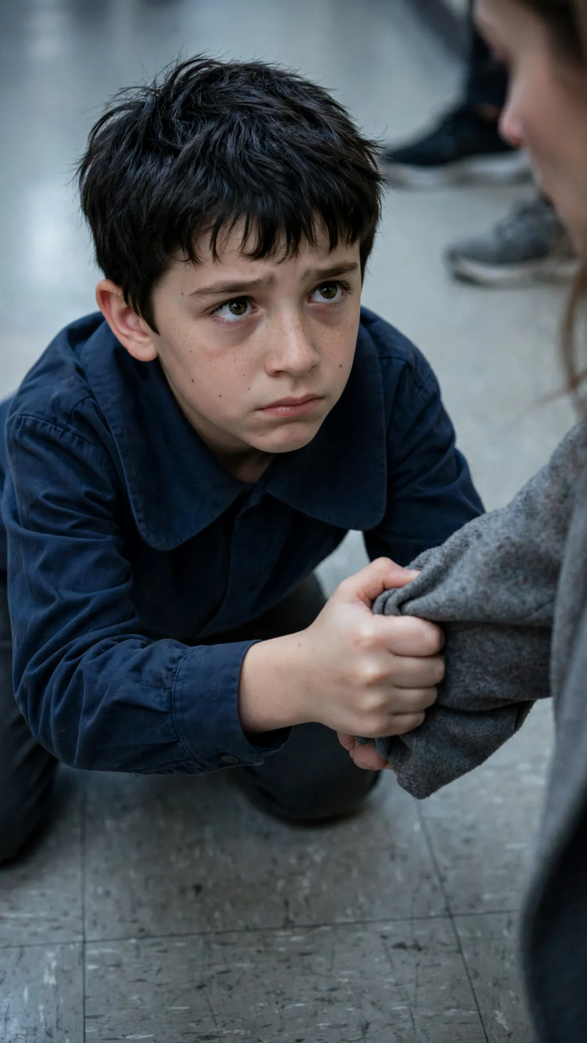 The bleeding boy grips his mother's sleeve and whispers to her.