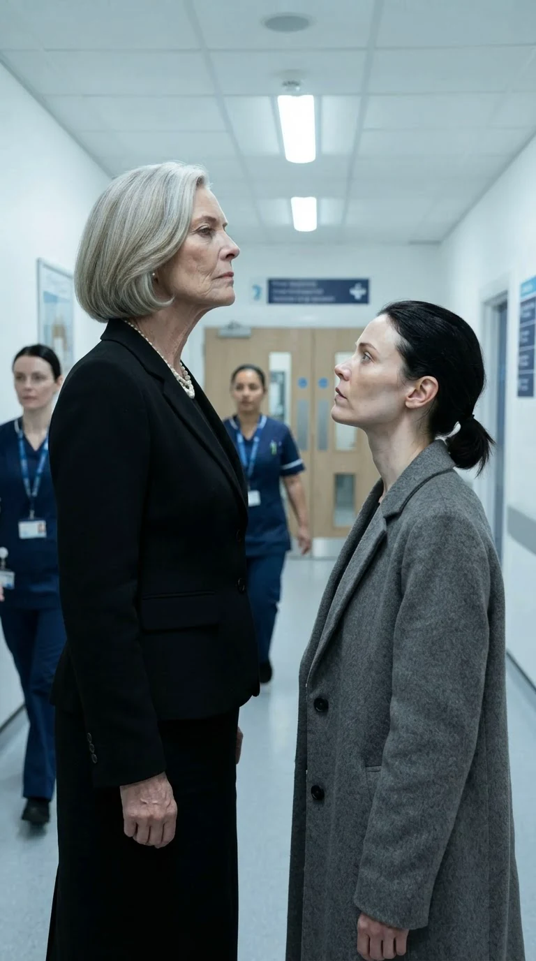 An elegant older woman in black waits in a hospital corridor, and says her name.