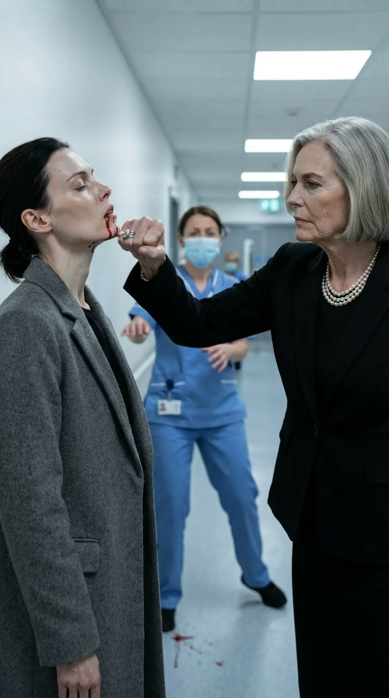 The older woman's ringed hand slaps the younger woman across the mouth, drawing blood.
