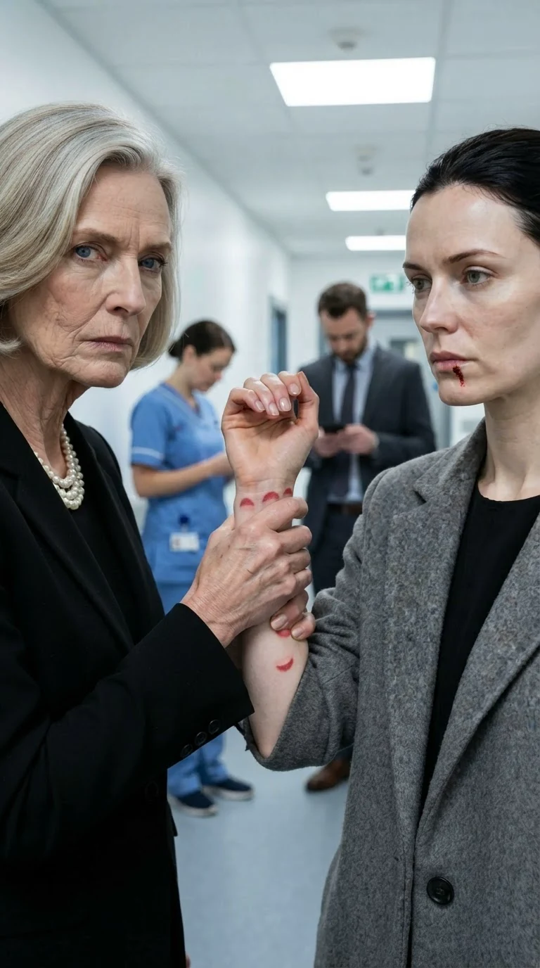 The older woman grips the younger woman's arm, nails digging in, in front of watching staff.