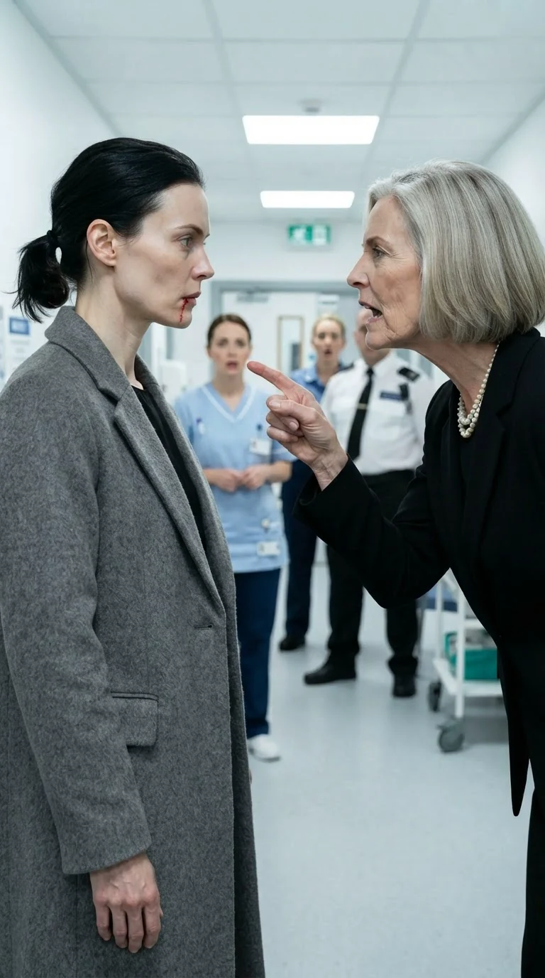 The younger woman stands still and silent with blood on her lip as the older woman rages.