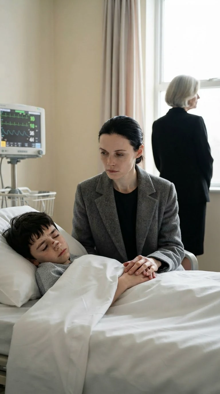 The mother sits at her son's hospital bed holding his small hand, the window behind her.