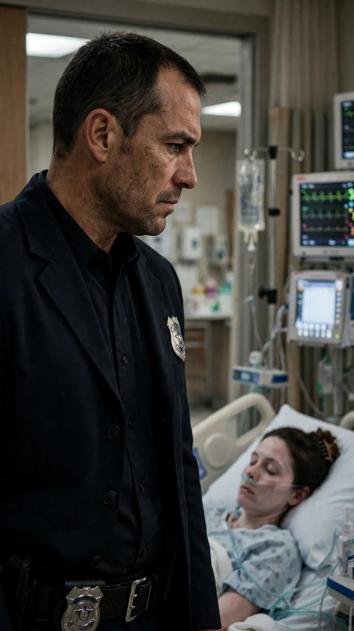 A detective in a plain blazer fills the hospital doorway, badge on his belt.