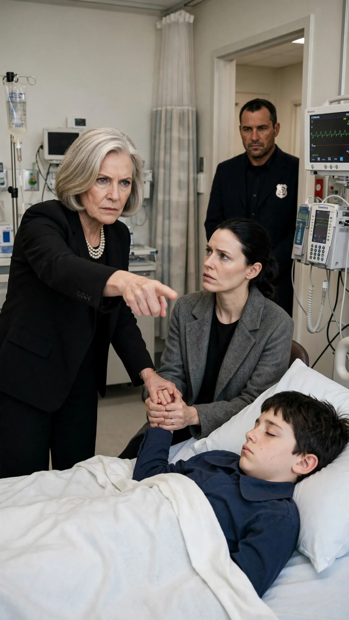 The older woman points across the hospital room at the silent mother.