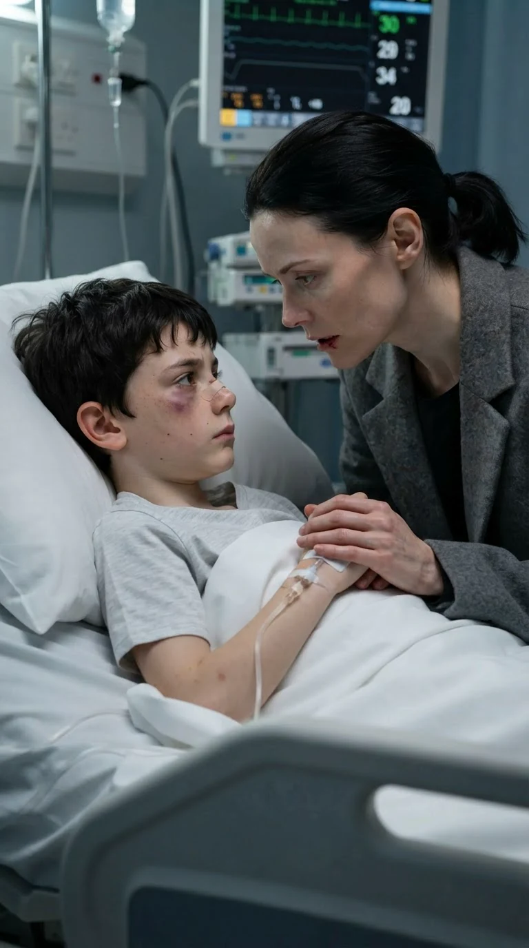 The boy's eyes open and look at his mother, asking her a question.