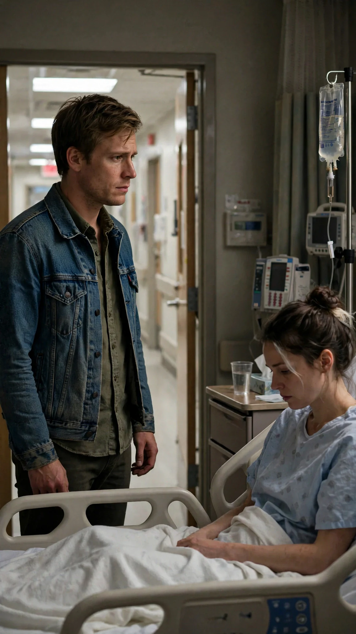 A lean man in a denim jacket appears in the hospital doorway.